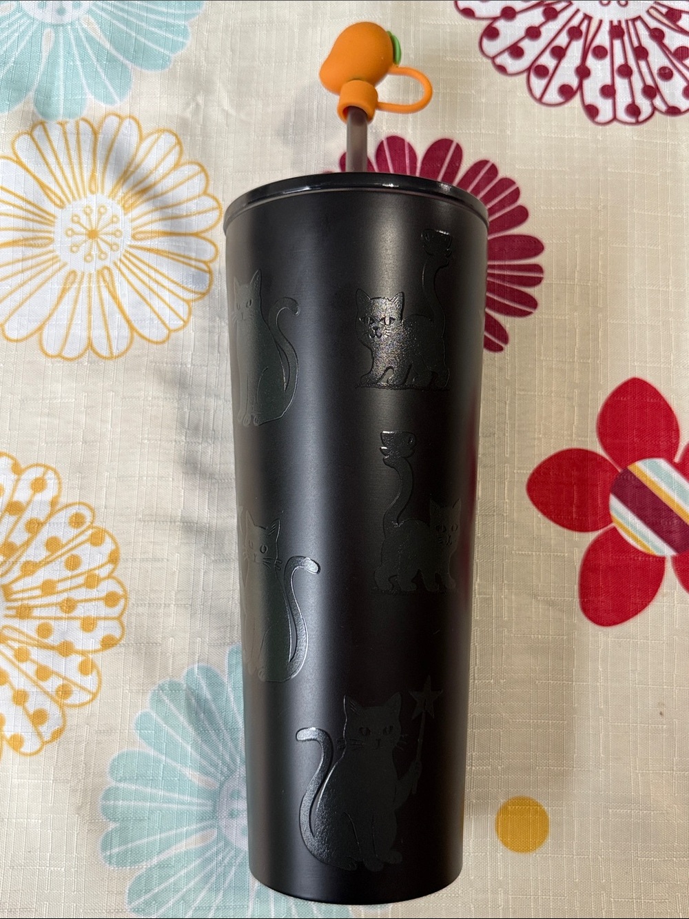 Starbucks Matte Black Cat-Embossed Travel Tumbler